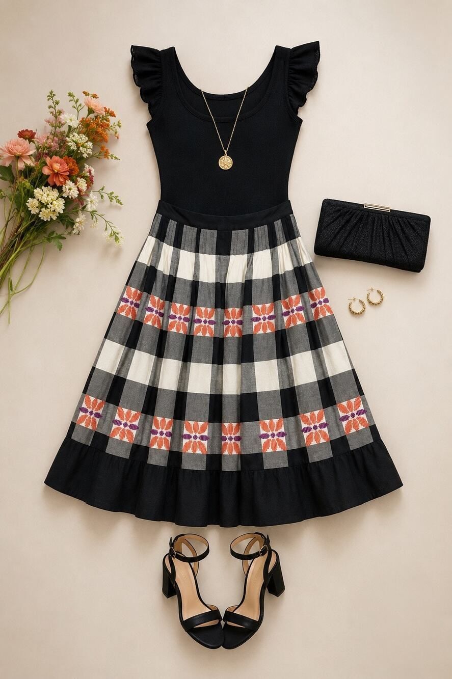 Anthropologie Floreat Do-Si-Do Skirt Plaid Embroidered Cotton A-Line Pleated 2